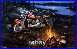 Framed canvas art print giclée or poster Harley Davidson serene campfire nature