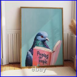 Funny Bathroom Art Pigeon Reading Pooping on People Book Wall Art