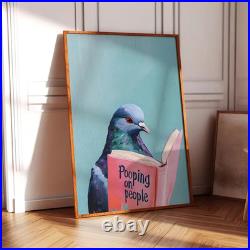 Funny Bathroom Art Pigeon Reading Pooping on People Book Wall Art