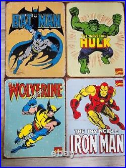 Lot of 8 Marvel/DC Comic Retro Tin Art Wall Decor (2007-2011) Collectible Set