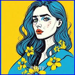 Pro Ukraine Art Donation Charity Comic Book Pop Art Woman Portrait Blue Yellow