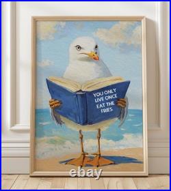 Seagull Reading Book Art Print Funny Coastal Bird Wall Decor Poster