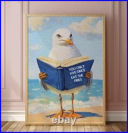 Seagull Reading Book Art Print Funny Coastal Bird Wall Decor Poster