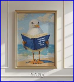 Seagull Reading Book Art Print Funny Coastal Bird Wall Decor Poster